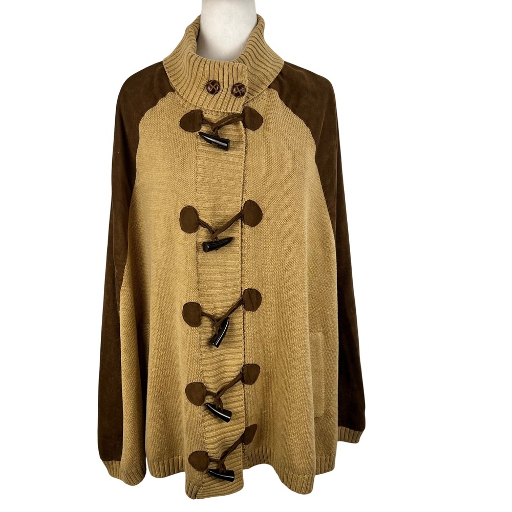 Reba Faux Suede Toggle Knit Poncho Cardigan Brown Tan OSFA Lagenlook Country